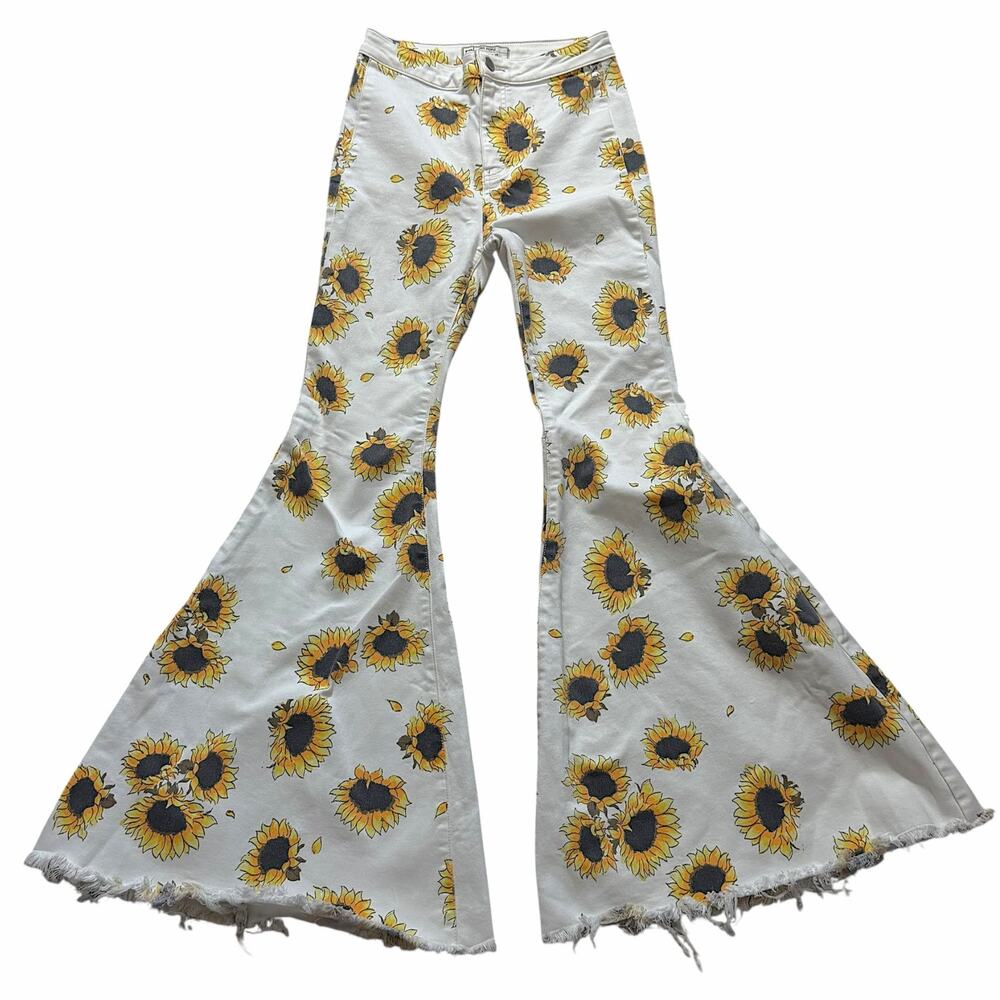 Free People Just Float On Sunflower Flare Jeans W26 Vtg 70s Bell Bottom Raw Hem